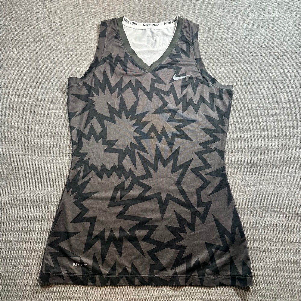 Nike Pro‎ Tank Top Women Medium Grey Black  Dri-FIT Geometric Starburst